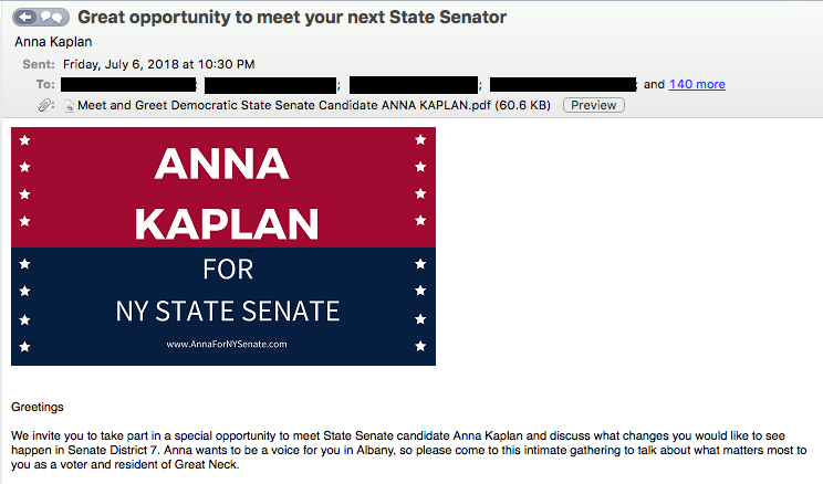 Kaplan campaign accidentally discloses more than 140 email addresses