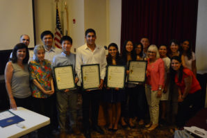 Raymond Lin, Ethan Abizadeh, Amanda Shirazi and Isobelle Lim pose for a photo with town officials and family members. (Photo by Janelle Clausen)