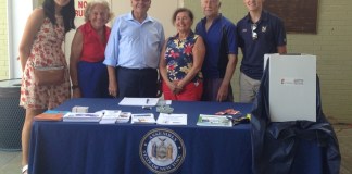 Avery Park, an Assemblyman D’Urso intern from Great Neck, Gloria P. Altman, Assemblyman Anthony D’Urso, Barbara Shaw, Fred Shaw, and Patrick Boyle, an Assemblyman D’Urso intern from Manhasset promote "skin-telligence" at Parkwood Pool. (Photo courtesy of Assemblyman Anthony D'Urso's office)