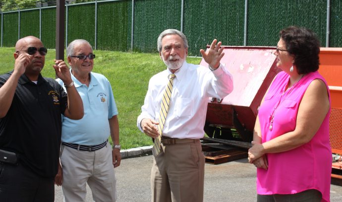 Great Neck Water Pollution Control District Commissioner Steve Reiter and Commissioner Patty Katz speak with State Assembly Speaker Carl Heastie and Anthony D'Urso during a recent presentation and tour of the District’s headquarters. (Photo courtesy of the Great Neck Water Pollution Control District)