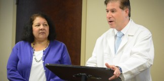 Dr. Michael Brisman, a neurosurgeon, and STEM education advocate Ray Ann Havasy announce the Neurological Surgery P.C. Health Science Competition. (Photo by Janelle Clausen)