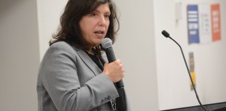 Nassau County DA Madeline Singas speaks to audience members at the gun violence prevention forum. (Photo by Janelle Clausen)