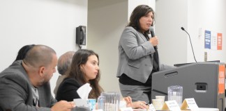 Nassau County DA Madeline Singas and other panelists addressed an audience at a gun violence prevention forum at the Great Neck Library on Thursday. (Photo by Janelle Clausen)