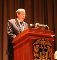 John R. Ballard addresses staff, faculty and Midshipmen at his installation ceremony at the Academy on Monday. (Photo courtesy of the U.S. Merchant Marine Academy)