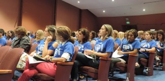 A sea of blue shirts largely filled the auditorium at the Herricks Board of Education meeting, as a show of solidarity with the teachers union. (Photo by Samuel Glasser)