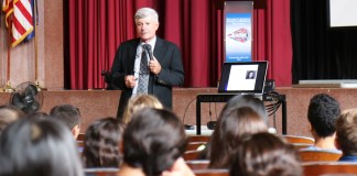 Detective Rory Forrestal visited Great Neck North Middle School to teach students about Internet safety. (Photo courtesy of the Great Neck Public Schools)