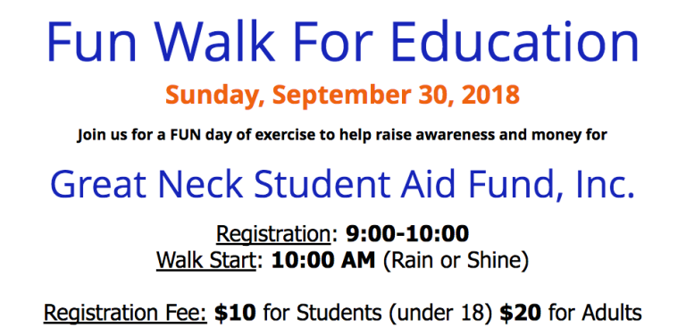 Great Neck Student Aid Fund hosting first annual Fun Walk for Education Great Neck Student Aid Fund hosting first annual Fun Walk for Education