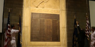 The half-relief called "The Last Full Measure," honoring the 142 Cadet-Midshipmen lost during World War II, was unveiled at USMMA last week. (Photo courtesy of the U.S. Merchant Marine Academy)