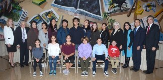 Board of Education student delegates with Board of Education members President Barbara Berkowitz, Vice President Donald Ashkenase, and Trustees Donna Peirez, Rebecca Sassouni, and Jeffrey Shi, along with Superintendent Teresa Prendergast, and Assistant Superintendent Stephen Lando. (Photo by Irwin Mendlinger)