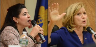 Anna Kaplan and Elaine Phillips defended their respective records on Wednesday night, tackling issues like guns, taxes and one party control. (Photos by Janelle Clausen)