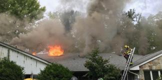 Firefighters battle a blaze at 920 Middle Neck Road. (Photo courtesy of Steven Schwartz)