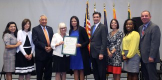 Saddle Rock Principal Luciana Bradley receives a proclamation from Town Supervisor Judi Bosworth and the Town Council at the Town of North Hempstead Hispanic Heritage Celebration on Oct. 10. (Photo courtesy of the Town of North Hempstead)