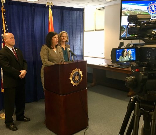 Nassau County DA Madeline Singas speaks about the decrease in crime in Nassau County since 2013. (Photo courtesy of the Nassau County District Attorney’s Office)