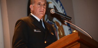 New U.S. Merchant Marine Academy Superintendent Jack Buono addresses friends, family, colleagues and midshipmen after being sworn in. (Photo by Janelle Clausen)