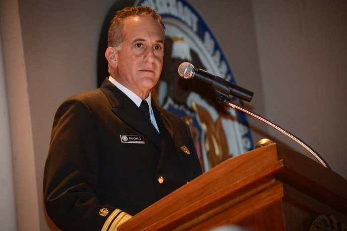 New U.S. Merchant Marine Academy Superintendent Jack Buono addresses friends, family, colleagues and midshipmen after being sworn in. (Photo by Janelle Clausen)