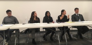 Willis Lin, Nicole Hicks, Ramya Kumar, Jo-Anneyre Cruz, and Michael Neary share tips for student success. (Photo by John Nugent)