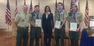 Troop 201 Scoutmaster Mike Russo, Jordan Chin, Legislator Ellen Birnbaum, Nicolas Ryan and Michael Marcy. (Photo courtesy of Legislator Ellen Birnbaum's office)