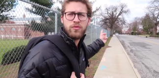 In a YouTube video, Brandon Yaraghi and an unidentified cameraperson documented how they were able to get into Great Neck North High School. (Photo still from johnny sheppard YouTube channel)