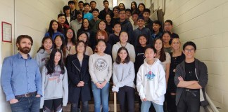 Members of the South High School Science Olympiad team are photographed with team advisors Dr. James Truglio and Nicole Spinelli. (Photo courtesy of the Great Neck Public Schools)