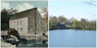 A historical postcard and a photo of the Saddle Rock Grist Mill from afar. (Photos courtesy of Alice Kasten)