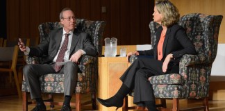 Blank Slate Media publisher Steve Blank interviewed Nassau County Executive Laura Curran about issues affecting the county in Manhasset on Thursday. (Photo by Janelle Clausen)