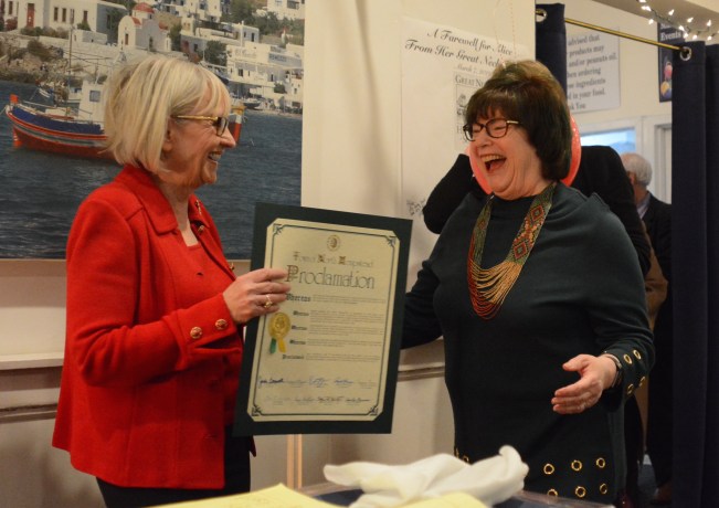 Town Supervisor Judi Bosworth goes to present Kasten with a town citation. (Photo by Janelle Clausen)