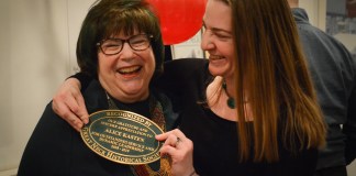 Alice Kasten and her daughter Meredith Zolty joke about how Kasten, who received a plaque normally given only to historical landmarks or buildings, is now a "landmark." (Photo by Janelle Clausen)