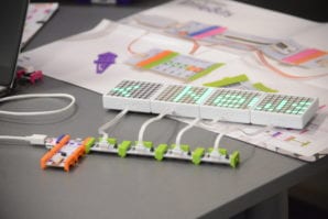 A combination of circuitry and drag and drop coding created a welcome message for the Great Neck News at the Great Neck Library's STEM lab. (Photo by Janelle Clausen)