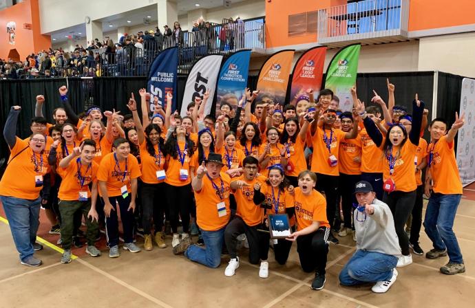 Great Neck South High School's robotics team celebrates victory. (Photo courtesy of Great Neck Public Schools)