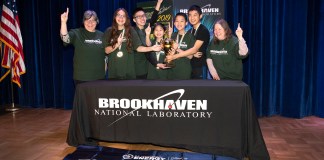 The winning team from South Middle School holds their Regional Science Bowl trophy. (Photo credit: Brookhaven National Laboratory)