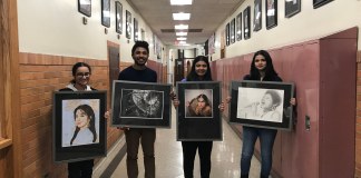 Sewanhaka High School art students Kiana Cano, Justin Kanjirakattu, Alina Adan and Meghan Geyer had their artwork displayed at the Art League of Long Island’s 11th annual Go APE artist reception. (Photo courtesy of the Sewanhaka Central High School District)