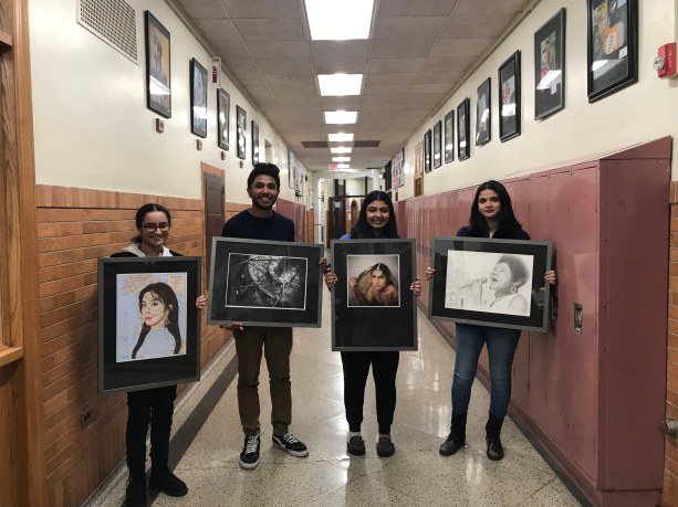 Sewanhaka High School art students Kiana Cano, Justin Kanjirakattu, Alina Adan and Meghan Geyer had their artwork displayed at the Art League of Long Island’s 11th annual Go APE artist reception. (Photo courtesy of the Sewanhaka Central High School District)