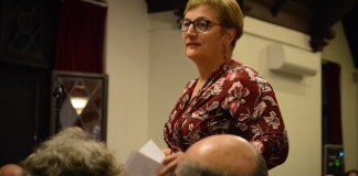 Sabine Margolis, a Thomaston resident, was one of several residents who attended and spoke at a town hall about revitalization for Middle Neck Road on Monday night. (Photo by Janelle Clausen)