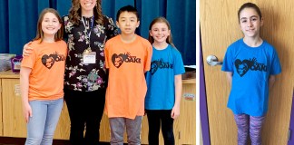 Daliah Segal, E.M. Baker vocal music teacher Ms. Gorney, Logan Ye, Ellie Segal, and Julianna Miano. (Photo courtesy of Great Neck Public Schools)