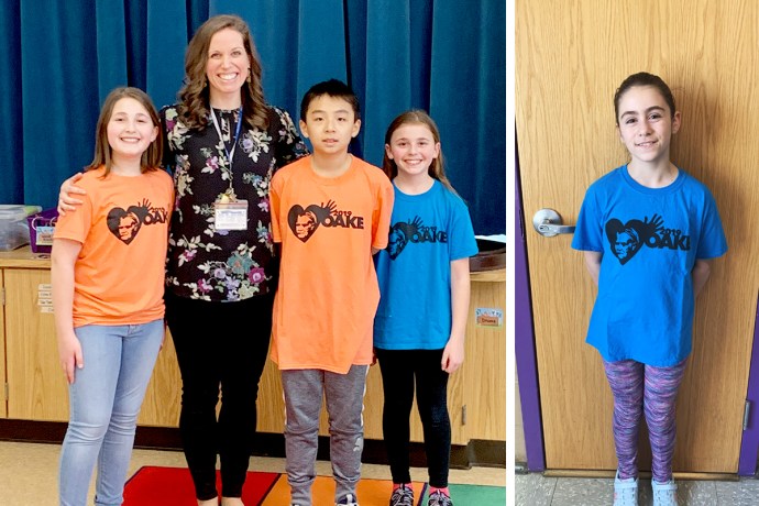 Daliah Segal, E.M. Baker vocal music teacher Ms. Gorney, Logan Ye, Ellie Segal, and Julianna Miano. (Photo courtesy of Great Neck Public Schools)