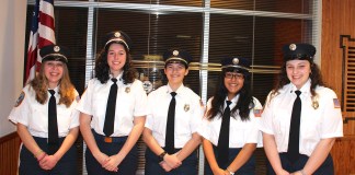 Captain Julia Motchkavitz, 1st Lt. Maya Garfinkel; 2nd Lt. Lauren Murphy, Recording Secretary Abigail Garcia, and Financial Secretary Alexandra Kessler are the new officers of the Great Neck Alert Junior Firefighters. (Photo courtesy of Great Neck Alert Fire Company)