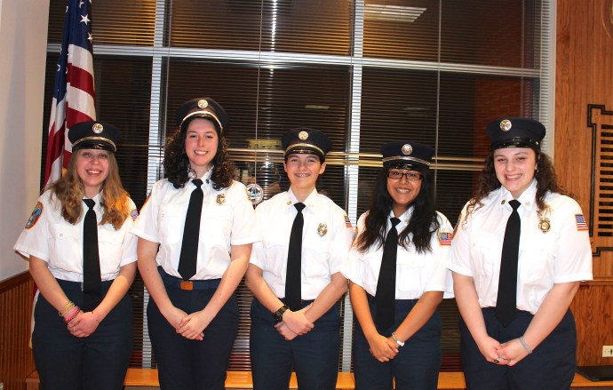 Captain Julia Motchkavitz, 1st Lt. Maya Garfinkel; 2nd Lt. Lauren Murphy, Recording Secretary Abigail Garcia, and Financial Secretary Alexandra Kessler are the new officers of the Great Neck Alert Junior Firefighters. (Photo courtesy of Great Neck Alert Fire Company)