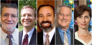 Five rabbis will be discussing Jewish issues on Sunday at Great Neck Synagogue. (Photos courtesy of respective synagogues; Dale Polakoff photo, center, courtesy of Rabbinical Council of America)