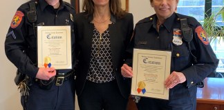 Legislator Ellen Birnbaum recently welcomed Nassau County Auxiliary Police Department volunteers APO Linda Halas-Kaplan and PFC Jonathan Levy to her office, where she presented them with Nassau County citations in recognition of recently receiving the department’s 500-Hour Service Award. (Photo courtesy of Nassau County Legislator Ellen Birnbaum's office)