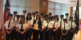 Nassau County Legislator Ellen Birnbaum congratulated the Great Neck Alert Junior Firefighters for being recognized as the top program of its kind in the state. (Photo courtesy of Nassau County Legislator Ellen Birnbaum's office)