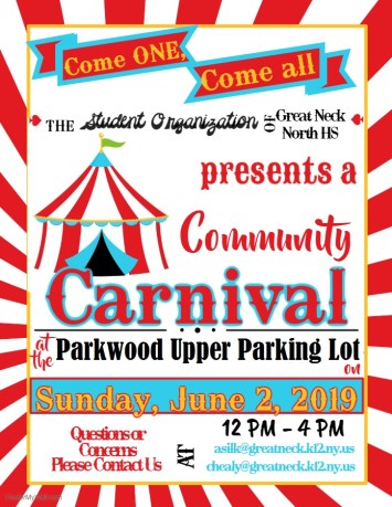 The North High School Student Organization will present a Community Carnival at the Parkwood Upper Parking Lot, located on Arrandale Ave., on Sunday, June 2, from 12 p.m. to 4 p.m. The entire community is welcome to attend this event. (Photo courtesy of Great Neck Public Schools)