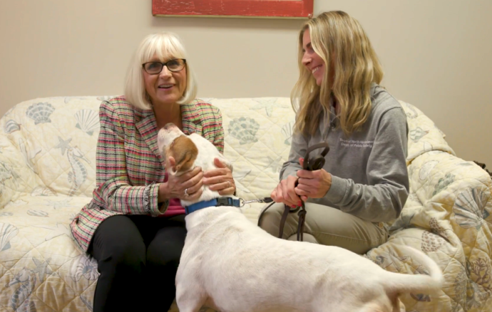 Town Supervisor Judi Bosworth, pictured here with North Hempstead Animal Shelter Director Jenna Givargidze, pets Royal, a dog at the North Hempstead Animal Shelter. (Video still from Town of North Hempstead YouTube)