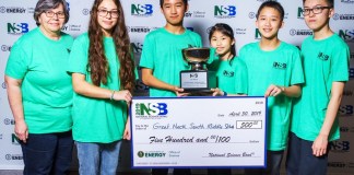 South Middle School’s Science Bowl team members Samantha Zeltser, Richard Zhuang, Erin Wong, Tristan Wan, and Eric Pei are joined by coach Doris Stanick after winning the Cyber Challenge at the 2019 National Science Bowl. (Photo credit: National Science Bowl)