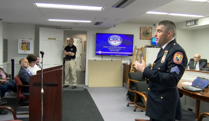 Sgt. Robert Connolly, the commanding officer of the Nassau County Police Department’s Homeland Security Unit, underscored the importance of preparation and "situational awareness." (Video still from Village of Great Neck)