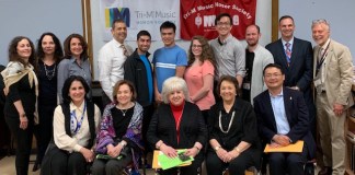 Honorary Lifetime Members Rebecca Sassouni, Dr. Sheila Terens, Barbara Berkowitz, Donna Peirez, and Jeffrey Shi are congratulated by North High Music Booster Chairs Robin Schlusselberg and Nancy Notar-Francesco, North High Performing and Fine Arts Department Head Pamela Levy, North High Principal Daniel Holtzman, Tri-M Chapter 2605 Co-Presidents Michael Cohenmehr, Samuel Calto, Molly Racsko, and Christopher Lu, North Middle Music Department Head Matthew Trinkwald, North Middle Principal Gerald Cozine and North High Tri-M Advisor Joseph Rutkowski. (Photo courtesy of Great Neck Public Schools)