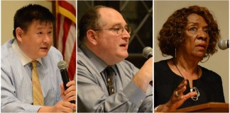 James Wu, Harold Citron and Julia Shields introduced themselves to prospective Great Neck voters at a candidates forum on Tuesday night. (Photos by Janelle Clausen)