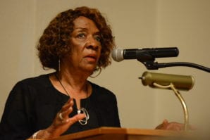Julia Shields, a community activist, speaks at a forum on May 28. (Photo by Janelle Clausen)