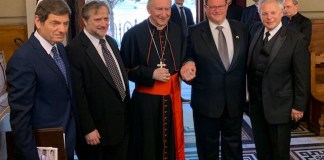 Cantors Raphael Frieder, Ofer Barnoy and Nathan Lam, pictured here with Ambassador Oren David and Cardinal Pietro Parolin, performed in a concert at the Great Synagogue celebrating 25 years of diplomatic relations between the Vatican and Israel. (Photo courtesy of Raphael Frieder)