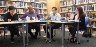 Great Neck Library trustees and administrators met in the Lakeville branch on Monday night, discussing topics like Sunday hours and branch library renovations. (Photo by Janelle Clausen)