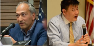 Great Neck Village Mayor Pedram Bral, seen here at a previous meeting, and James Wu, seen at a meet the candidates night last month, appear slated to be at two different events. (Photos by Janelle Clausen)